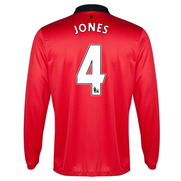 13-14 Manchester United #4 Jones Home Long Sleeve Jersey Shirt - Click Image to Close